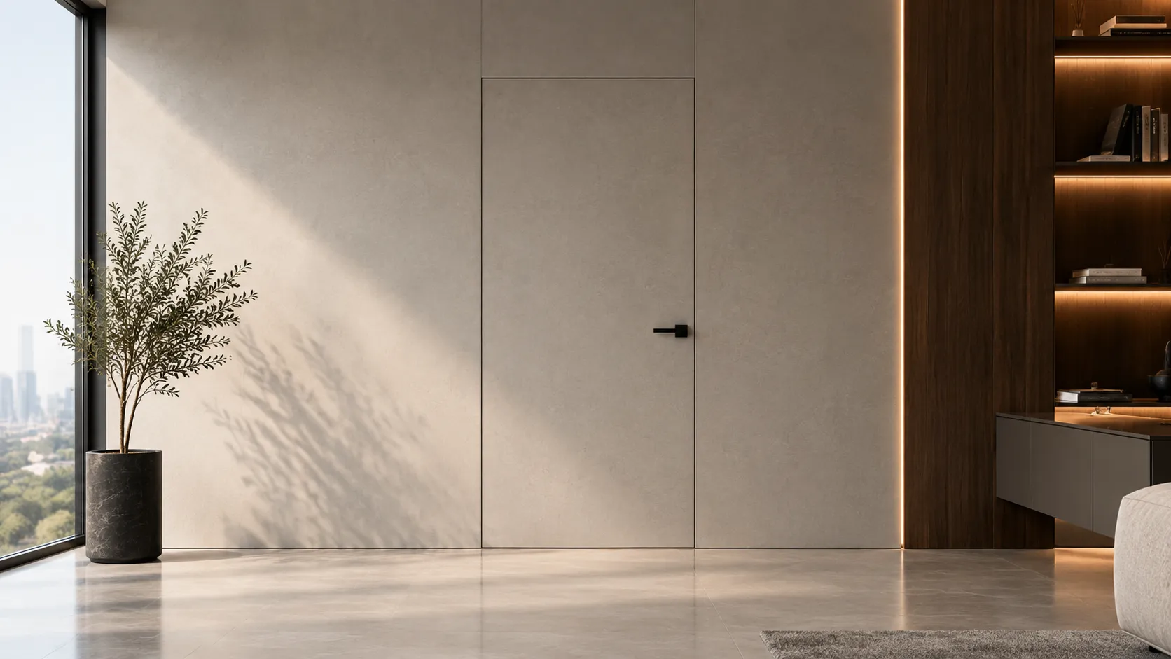 Ашық интерьерде қабырғамен беттес орнатылған ISMER DOORS жасырын есігі